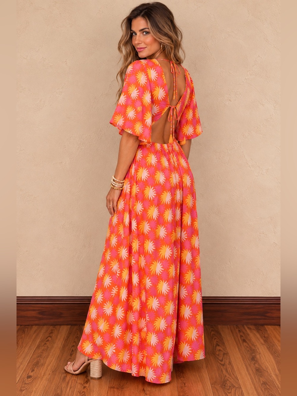 Sundress Martika Long Dress – Orange Pink Floral Open Back XS/S NWT